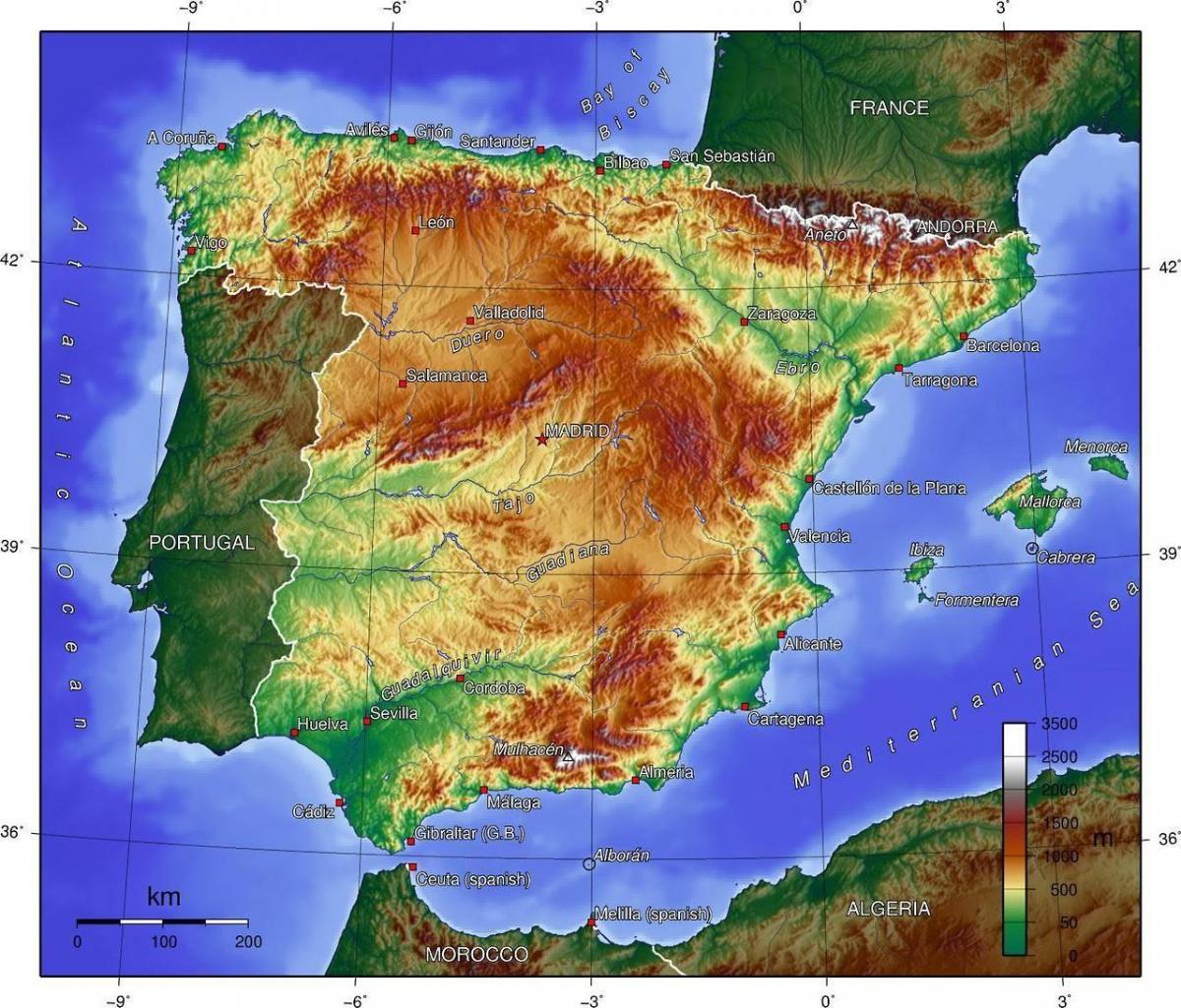 Mappa altimetrica della Spagna