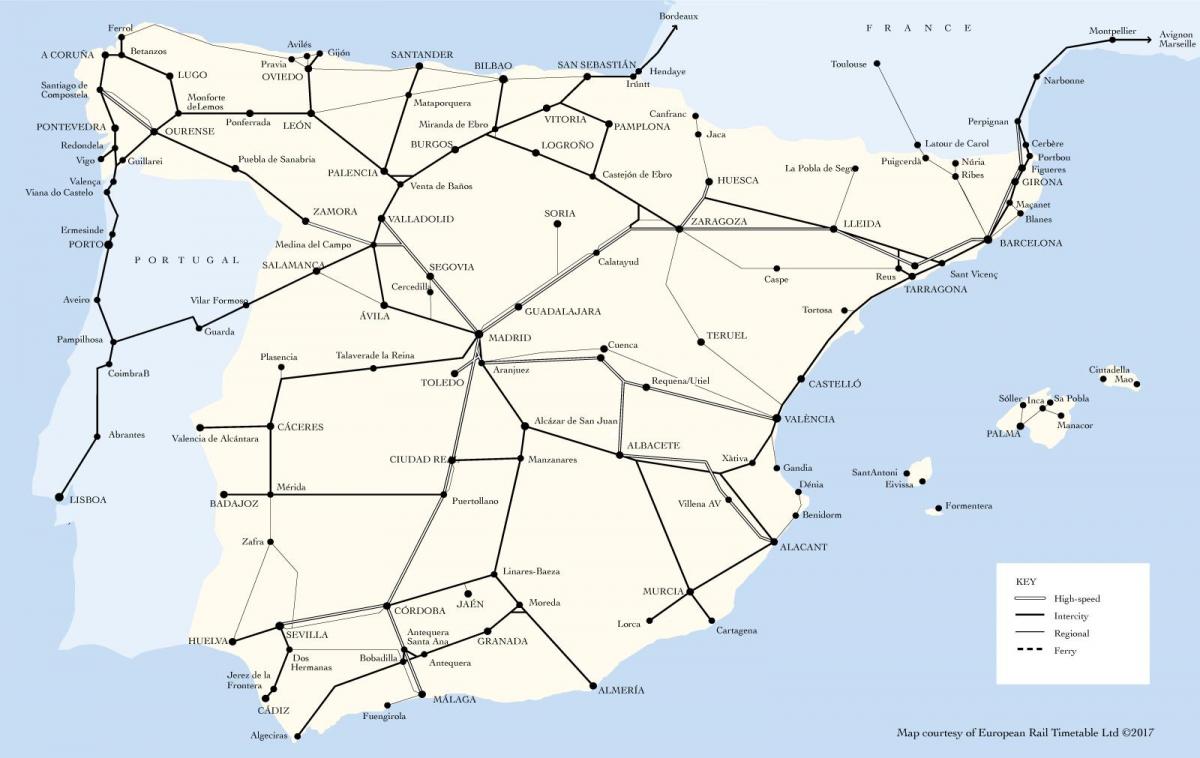 Mappa delle linee ferroviarie della Spagna